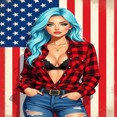 Stylized female character in military outfit with American flag background