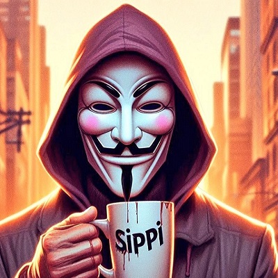 Figure with Guy Fawkes mask holding a SIPPI mug in urban cityscape